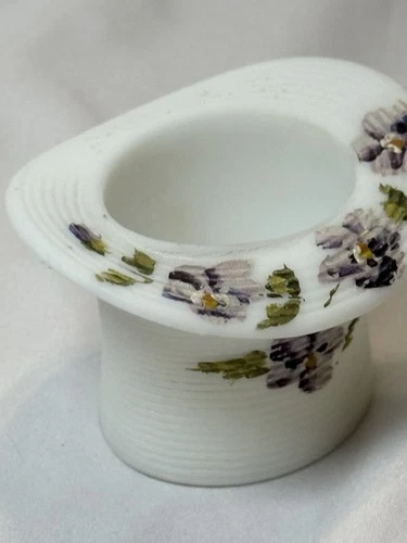 Vintage Milk Glass Hat Shape Trinket Dish Toothpick Holder Hand Painted Floral