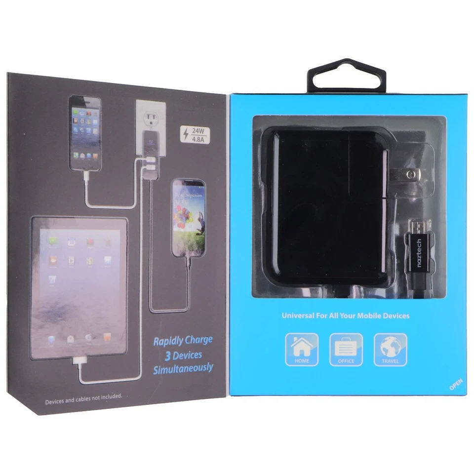 Cargador de pared Naztech TRiO con 2 puertos USB A y cable micro-USB incorporado - negro Foto 3 de 3