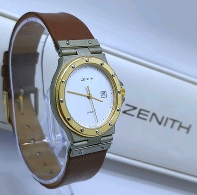 Vintage 1980er Zenith weißes Zifferblatt Datum zweifarbig Gold Stahl Schweizer 31 mm Quarzuhr & Box