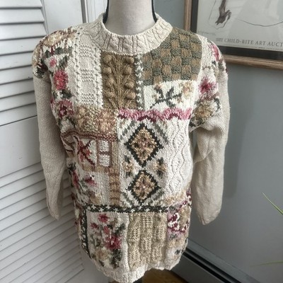 Vintage NEW CONCEPTS Sweater Womens Small Beige Patchwork Retro 90s Grannycore