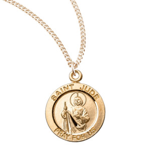 Authentic Patron St Jude Round Gold Plated Sterling Silver Medal Necklace, 18" Chain Boxed