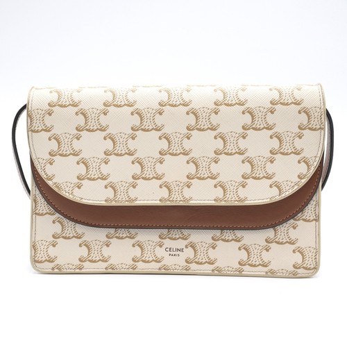 CELINE Triomphe Canvas Flap Shoulder Bag White Tan Leather Gold Tone