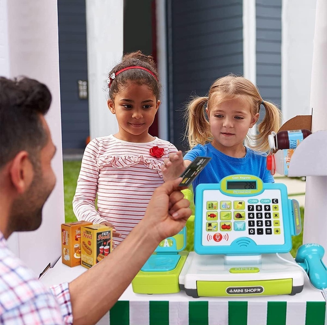 как выглядит Pretend Play Calculator Cash Register Blue Set with Basket, Food, Money фото