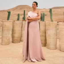 Evening Dresses One Shoulder Cloak Sleeve Mermaid Pleats Satin Formal Party Gown