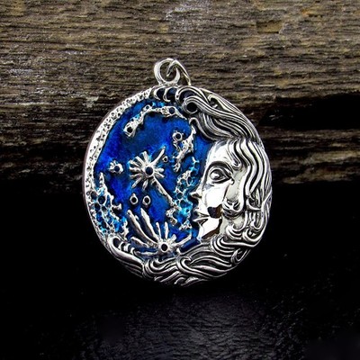 Massiver 925 Sterling Silber Mondjungfer Anhänger Oberon Zell blaue Emaille Göttin