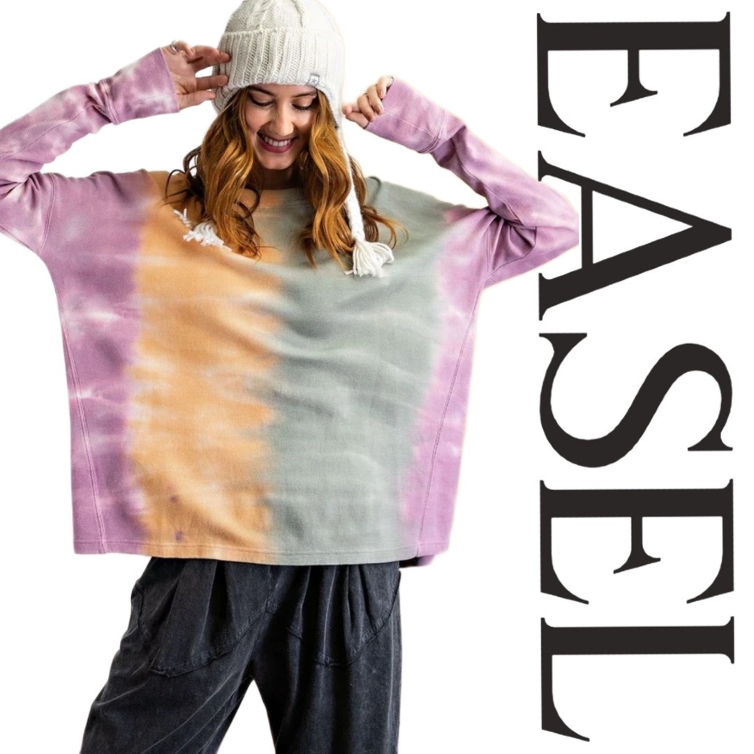 SIZE S EASEL CAMEL/OLIVE MIX "SUNSET DREAMS" OMBRE DYE PULLOVER Top/Shirt BHCS