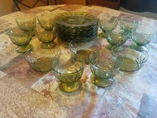 Vintage Glass Dishware Set – 8 Plates, 10 Goblet Dessert Bowls & 3 Serving Bowls