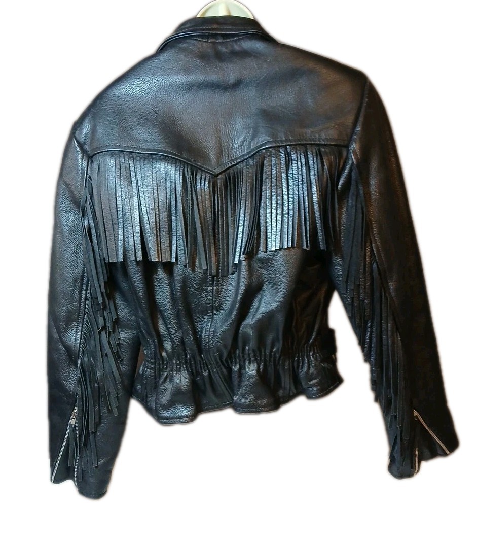 First Genuine Leather Motorcycle Jacket With Fringes And Zippers Belt size small image 6