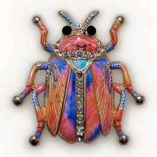 Colorful Beetle Brooch Enamel Rhinestone Insect Pin Gold Tone Bug Gift