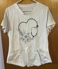 Woman  s Scrub Top White With Floral Stethoscope Heart Size M
