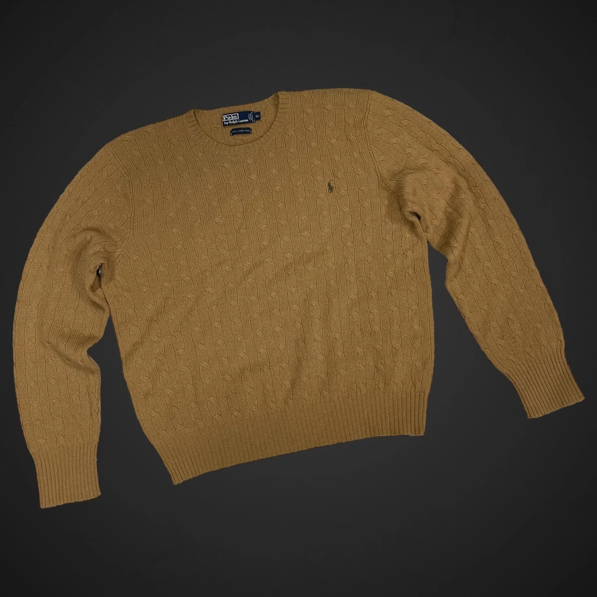 Polo Ralph Lauren Crewneck Sweater Tan Braided Knit Wool 100