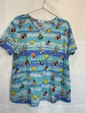 Looney Tunes Family Women XL Blue Graphic V- Neck Short Sleeve Scrub Uniform Top