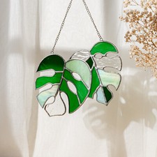 Glass Monstera Leaf, Leaves Art, Leaves Stained Glass, Glass Sun Catcher