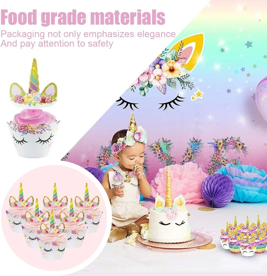 Einhorn Cupcake Wrappers 24 Set,Einhorn Muffin Deko,Einhorn Cupcake Toppers,Gebu - Bild 4 von 4