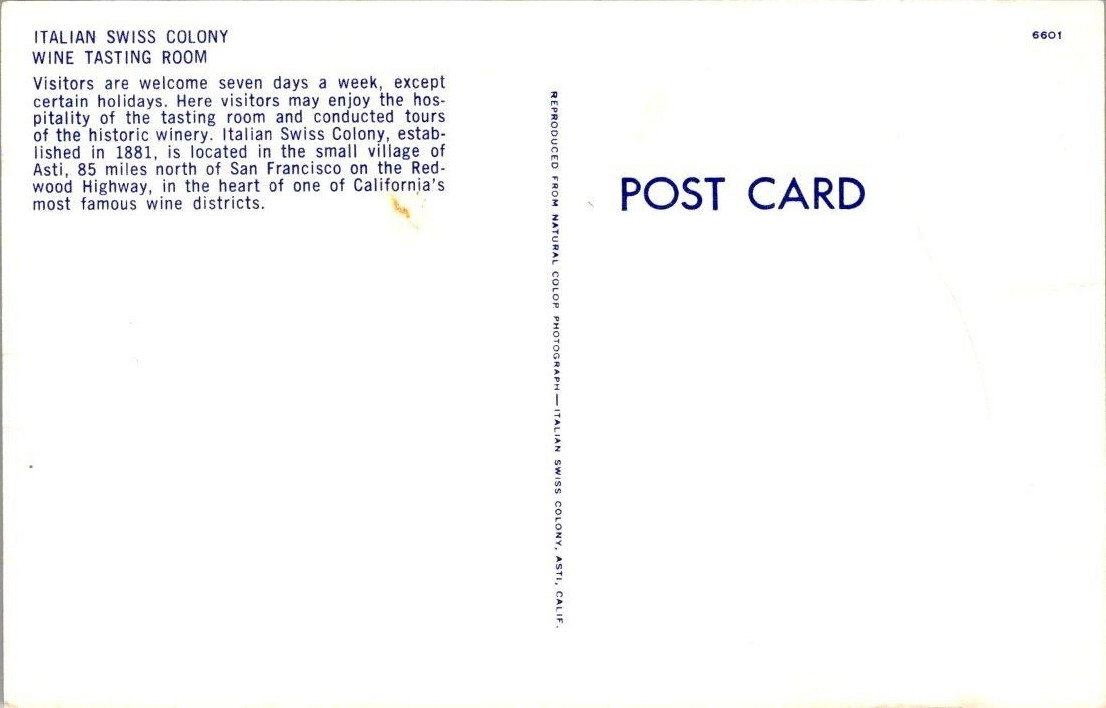 Italian Swiss Colony Wine Tasting Room Est. 1881 Asti California Postcard