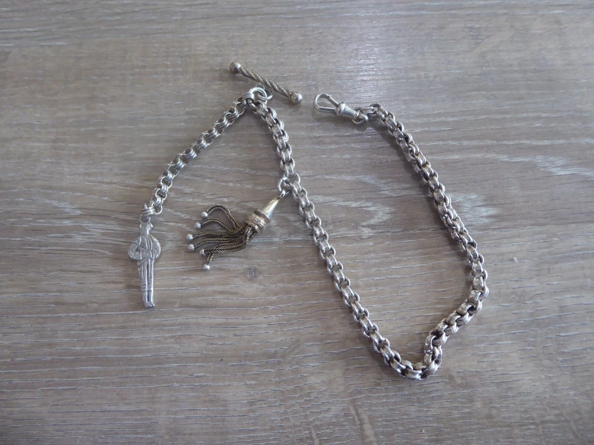 ANTIQUE SOLID STERLING SILVER SINGLE ALBERT POCKET WATCH CHAIN WITH FOB