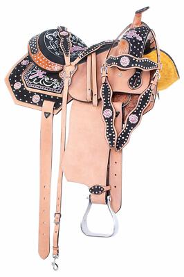 Pink Cross Western Barrel Racing Leather Horse Saddle Tack Headstall Reins