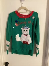 Women "33 Degrees" Cat Christmas pullover long sleeve Size L