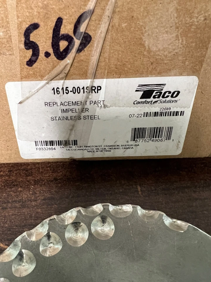 NEW TACO 1615-001SRP REPLACEMENT STAINLESS STEEL IMPELLER 5.65 S4 - Image 2 of 4