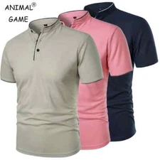 Men's Grandad Collar Shirt Fashion Casual Slim Fit T-Shirt Short Sleeve Top Tees