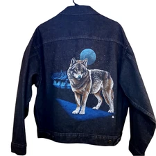 International Denim Pimlico Wolf Graphics Black LSJ Men's XL Jacket Vintage 1987