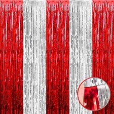 4 Pack Silver Red Foil Fringe Curtain Backdrop 3.28Ft x 9.8Ft Metallic Tinsel...