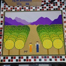 Vtg 60's 70's Needlepoint FARMER and ORCHARD Vintage Art 24x18