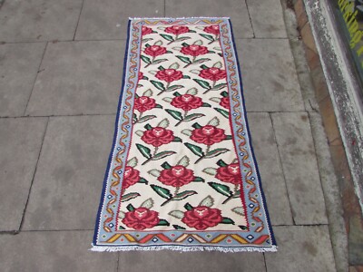 Vintage Kelim Traditionell Handgemacht Orientalisch Weiß Rot Läufer 145x76cm