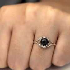 925 Sterling Silver Gemstone Round Black Onyx Crystal Ladies Ring Jewellery Gift