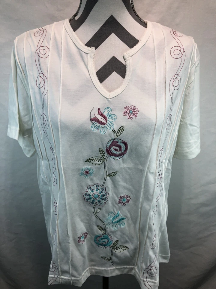 Top HABAND Blanco Floral Bordado Manga Corta Boho Cuello en V Grande Nuevo sin Etiquetas CC14 Foto 2 de 4