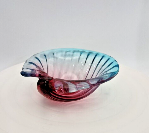 PORTACENERE VINTAGE ITALIANO MURANO A COSTINE CONCHIGLIA 6" ROSSO/BLU ALFREDO BARBINI c1950 g - Foto 2 di 8