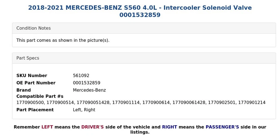 2018-2021 MERCEDES-BENZ S560 4.0L - Intercooler Solenoid Valve 0001532859 - Image 3 of 4