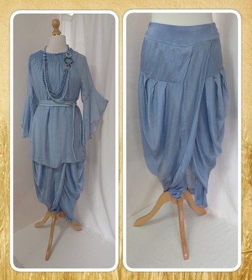 NEU MIT ETIKETT, LAGENLOOK, LAVENDELBLAU, SEIDE, HAREM, DRAPIERTER ROCK & LEGGINGS, EINHEITSGRÖSSE