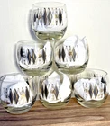Set of 6 Vintage Federal Glass MCM Gold Black Harlequin Roly Poly Atomic Barware