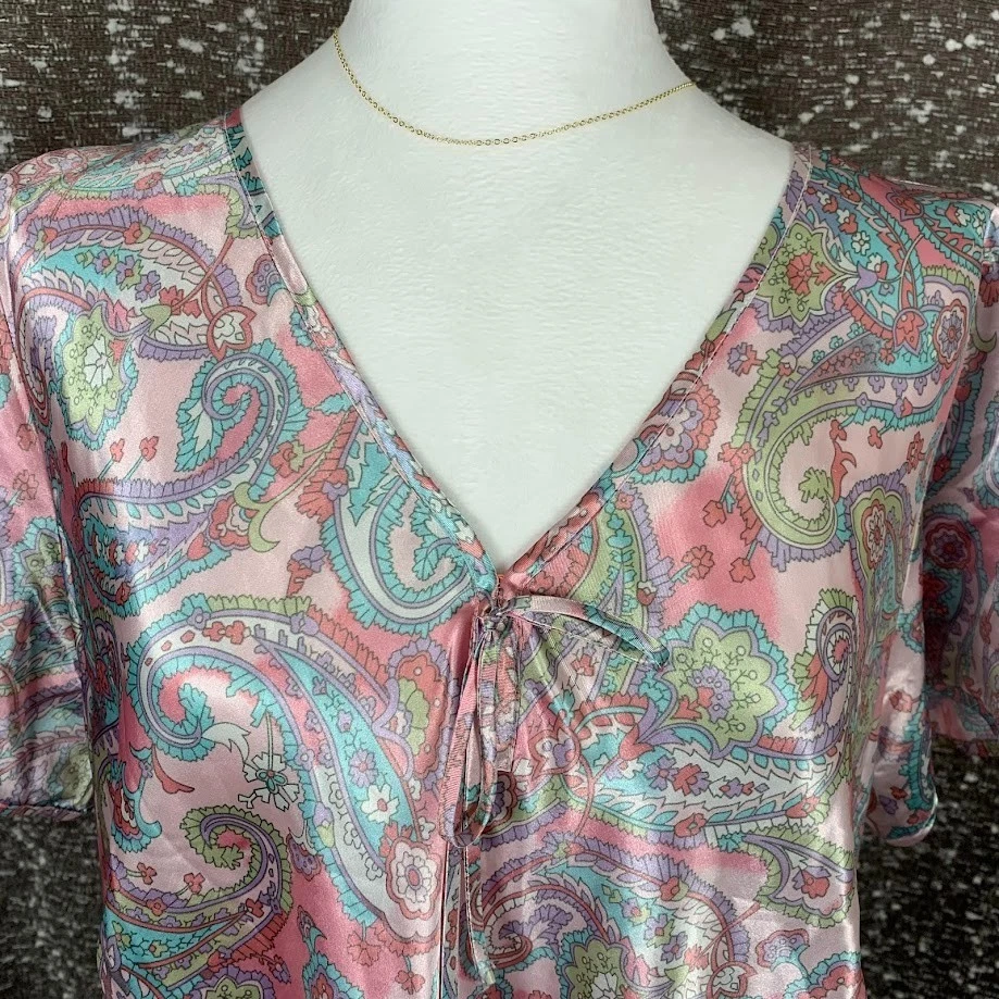 Vintage August Silk Short Sleeve Slip Dress Multicolor Paisley Women's 1X - Image 3 of 4