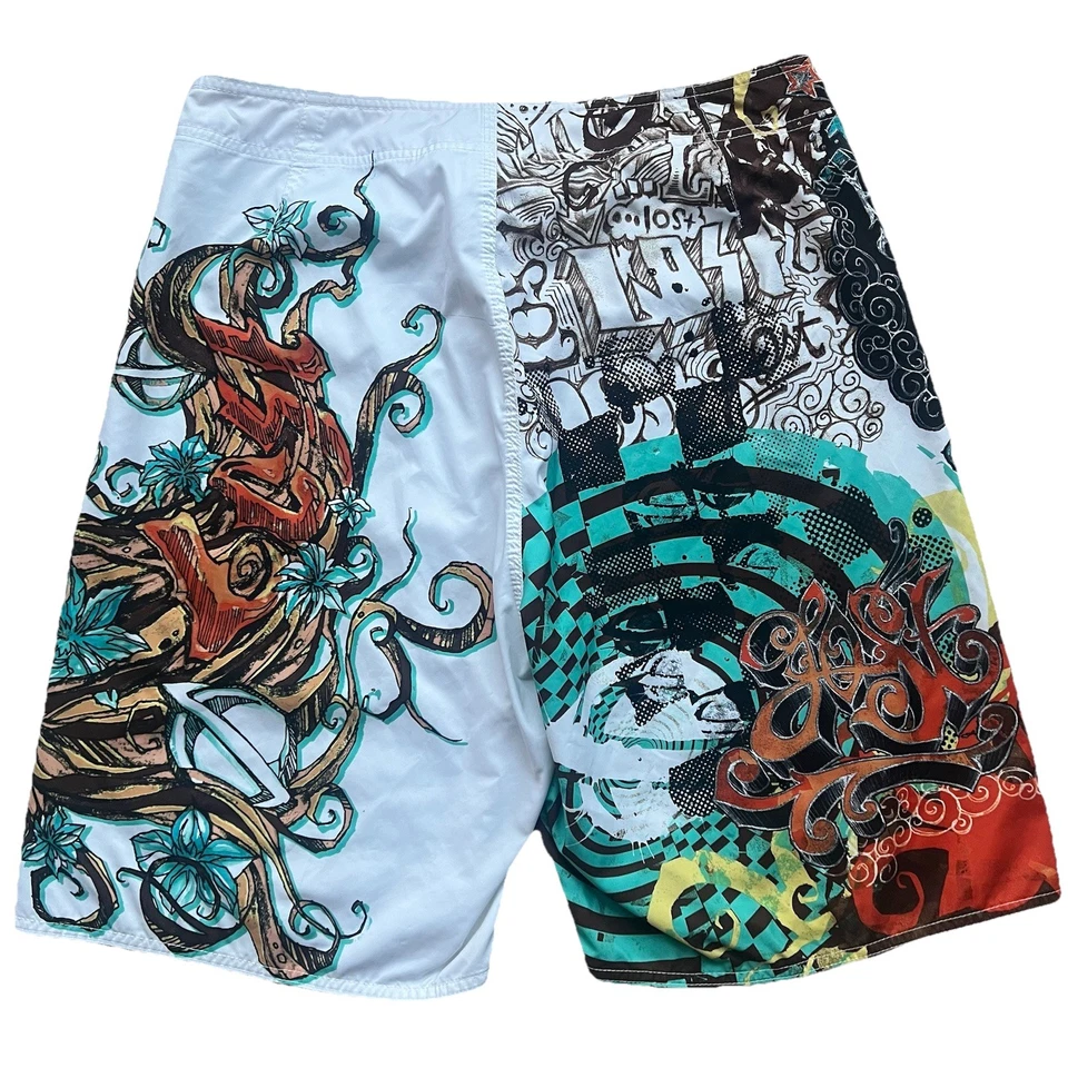 Boardshorts de surf vintage .Lost x ThirtySix 36 Y2K arte graffiti estilo raro Foto 2 de 4