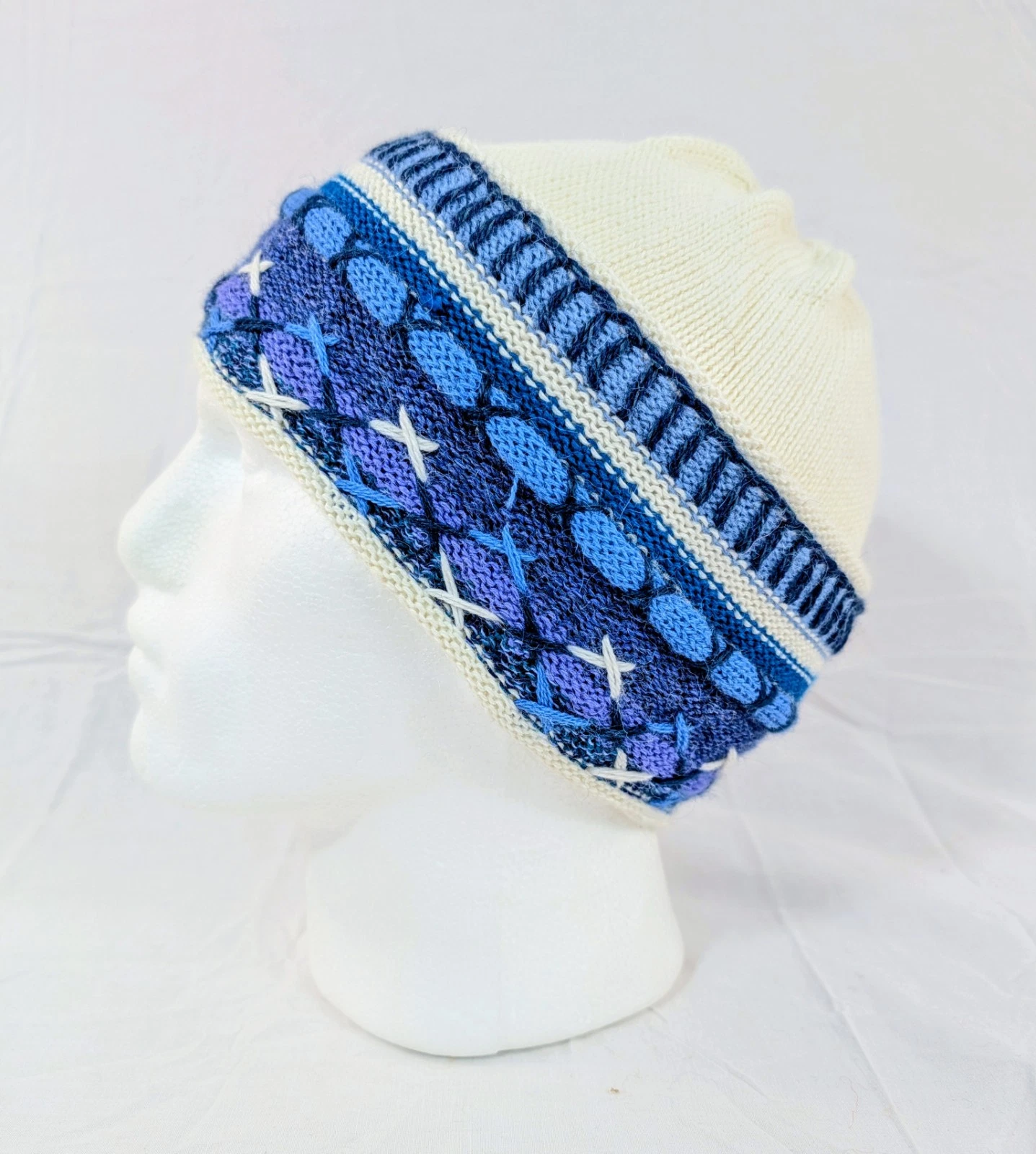 Colorful Handmade Soft Alpaca White Blue Beanie Unisex Boho Peru