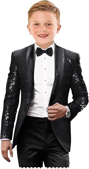 Traje de Esmoquin Brillante Lentejuelas para Niños Calce Ajustado 2 Piezas Formal Baile de graduación Vestido Traje Foto 2 de 4