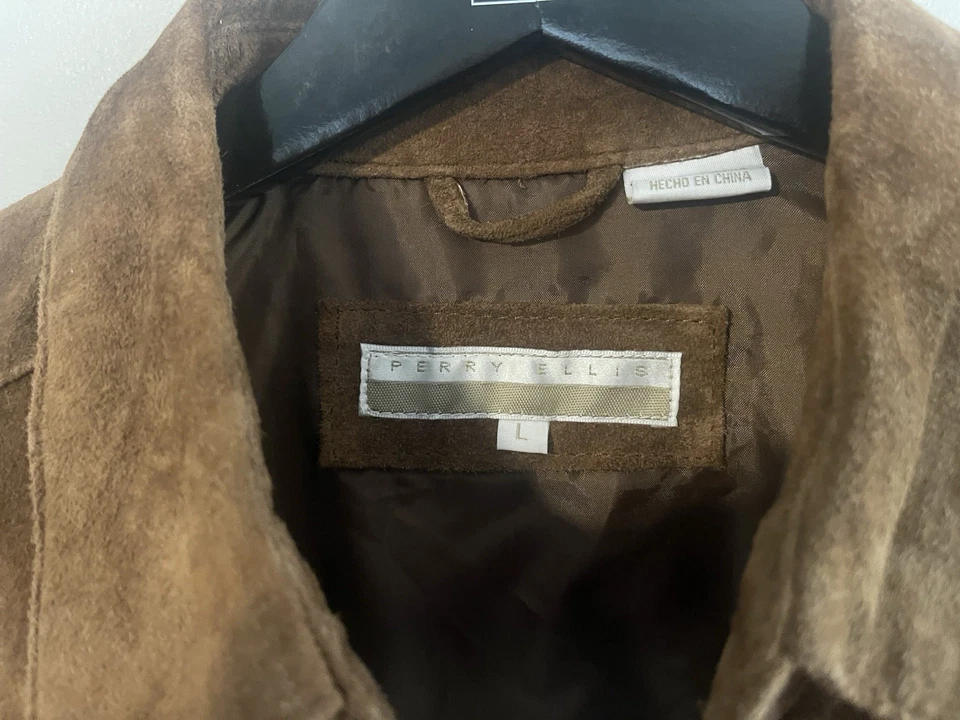 Mens Vintage Perry Ellis Brown Suede Shirt Jacket Size L Button Front Classic - Image 3 of 4
