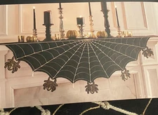 Tahari Home Halloween Mantel Scarf Web Spiders Embroidered Beaded Spooky 24x84