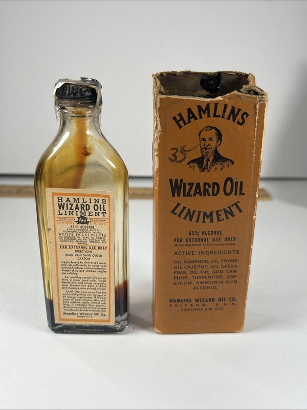 Vintage Hamlins Wizard Oil Liniment Bottle w/Original Box-1930s-Quack Medicine