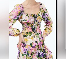 H&M Pink Purple Floral Smocked Dress Balloon Sleeves Cottage Boho Size M Medium