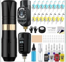 Tattoo Gun Kit Wireless With 2 Batteries 16 Needle Cartridge Needles 7 Ink Color