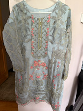 Women's Pakistani Blue Embroidered Chiffon Salwar Kameez 3pc Set One Size