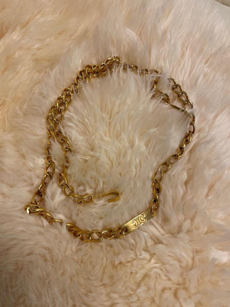 Celine Vintage Chain Belt Gold-tone Logo Curb Link Metal Women 