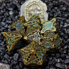 Sage's Runic Caltrops Bronze/Aquamarine Metal Polyhedral Dice Set DnD RPG Games
