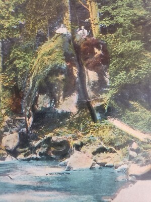 C 1910 Hikers Sit on Split Rock Banks of the Luckiamute River OR DB Postcard