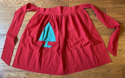 VTG Gathered Red Half Apron Handmade Christmas Green Tree Pocket