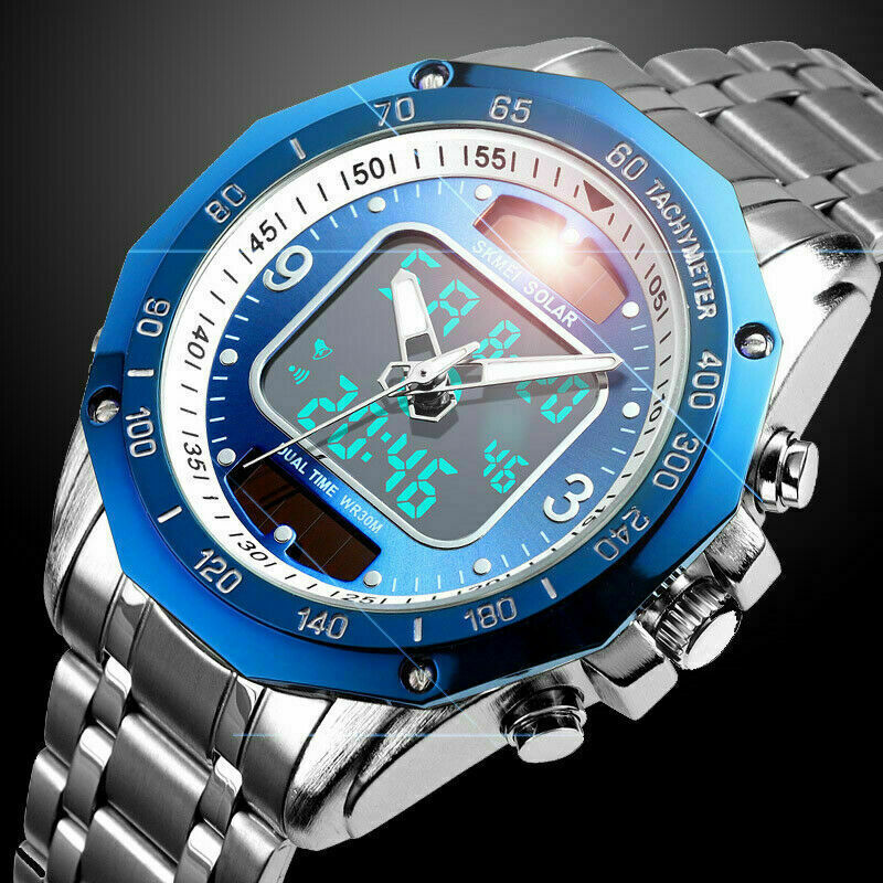 Men Solar Powered Quartz Watch Stainless Steel Analog Digital Sport Wrist Watch