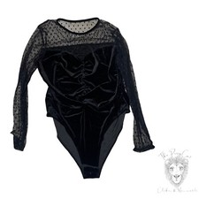 SHEIN Womens XL Black Velvet Bodysuit Swiss Polka Dot Stretch